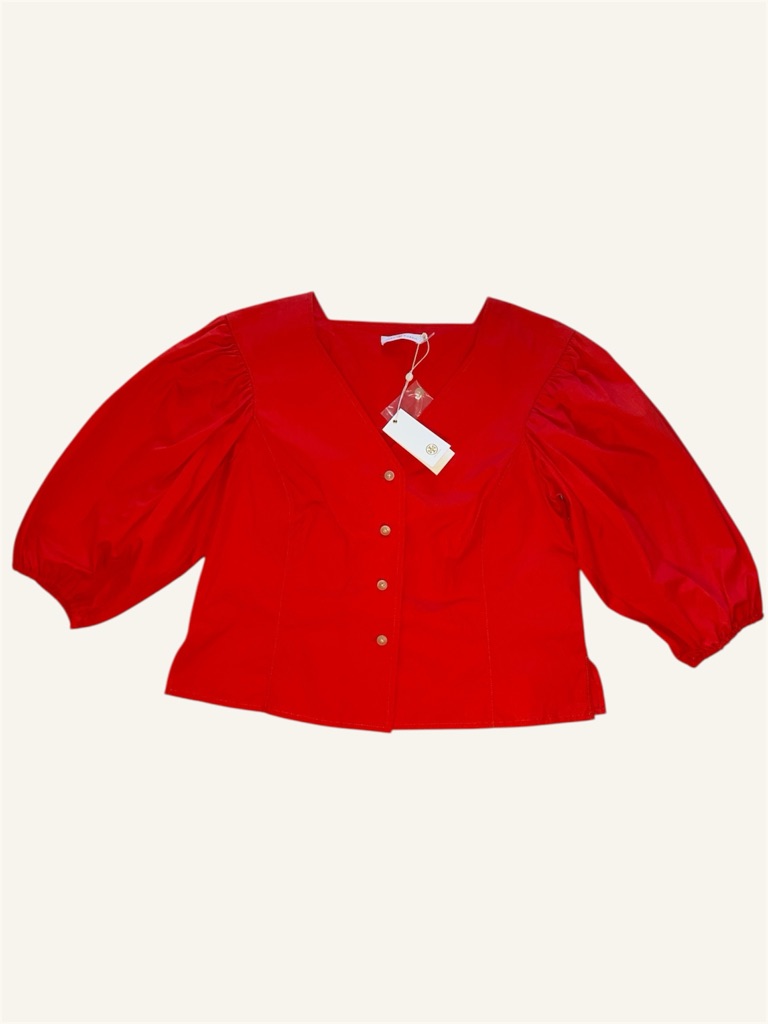 Tory Burch Red Cotton Puff Sleeve Button Up Blouse